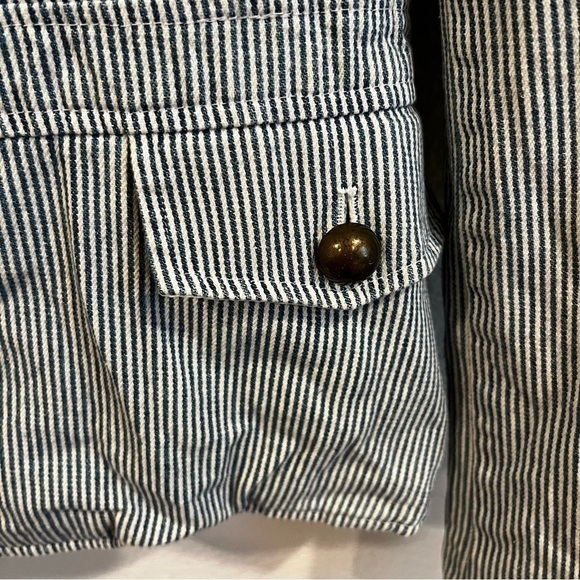 R blue and white stripe cotton denim chambray military jacket size 4 - Picture 2 of 12